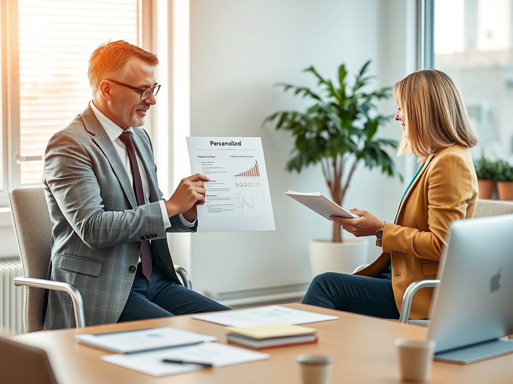 A conceptual office scene with a calm advisor presenting personalized AOV options to a ZZP/MKB client, warm light, documents, graph, and secure tones.