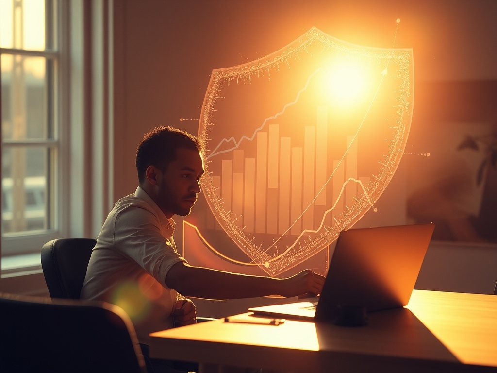 "A solitary entrepreneur at a sunlit desk, with abstract financial graphs shimmering like a shield around them, calm and confident, warm tones."
