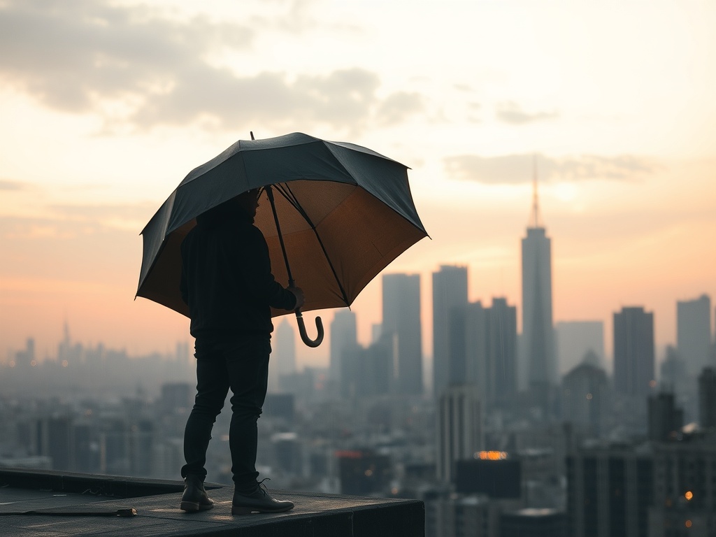 A solitary zzp’er standing on a rooftop at dawn, city skyline, umbrella shielding from rain of coins, calm, secure horizon, muted tones.