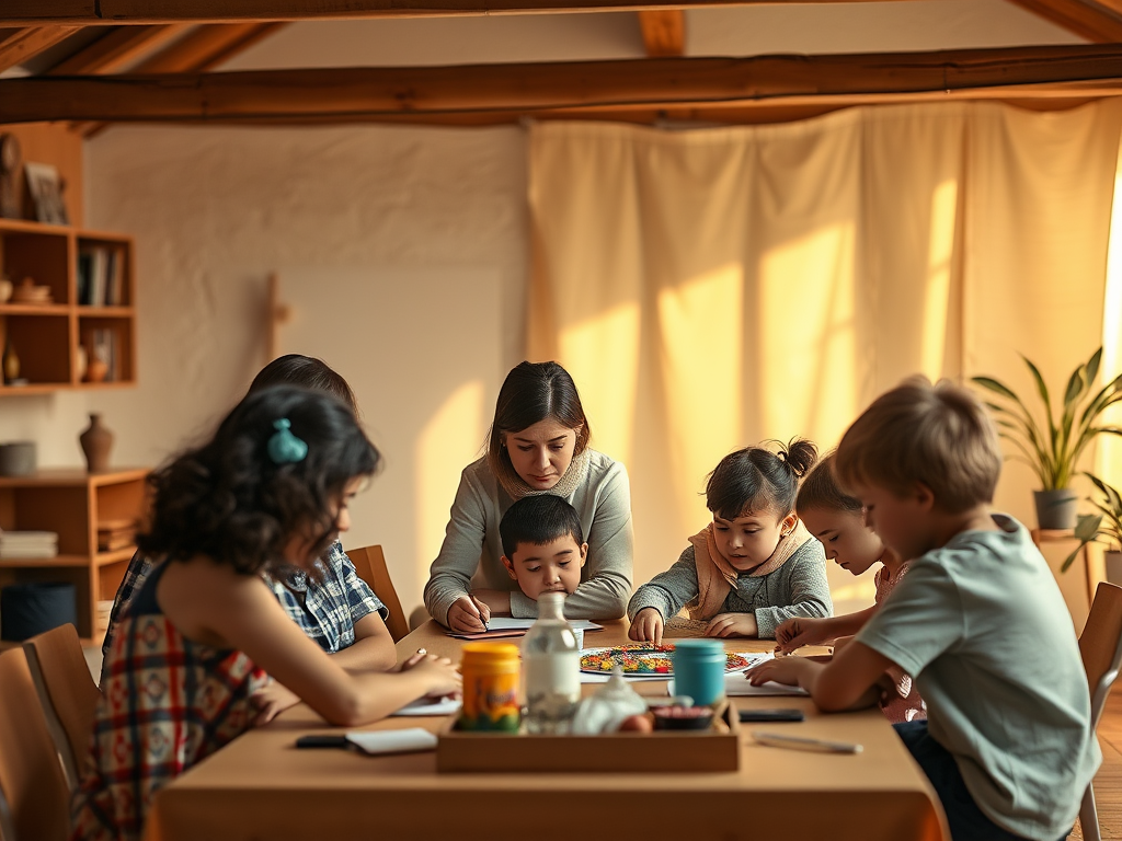 Gezellige werkplaats met gezinnen die samen activiteiten doen.