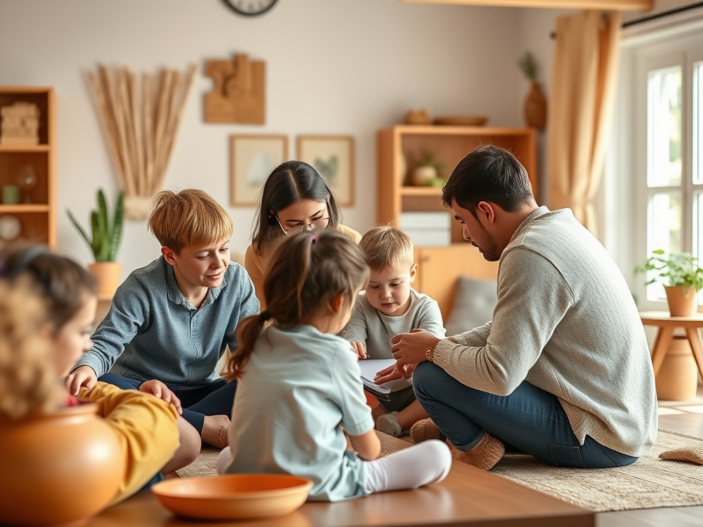 Een gezin werkt samen aan creatieve activiteiten in een warme omgeving.