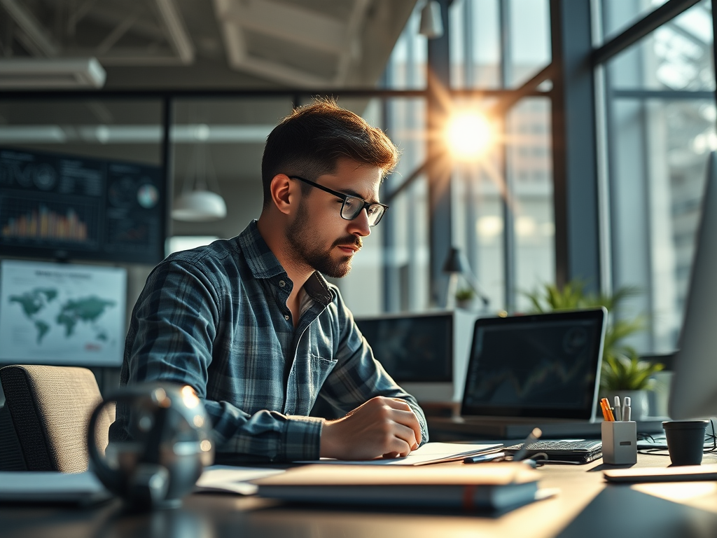 Een gefocuste leider in een modern kantoor, diep in gedachten.