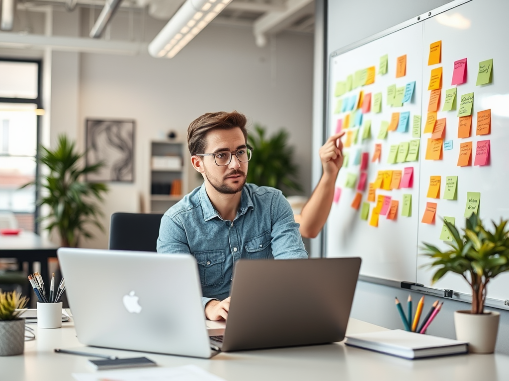 Een ondernemer in een modern kantoor, brainstormend met notities.