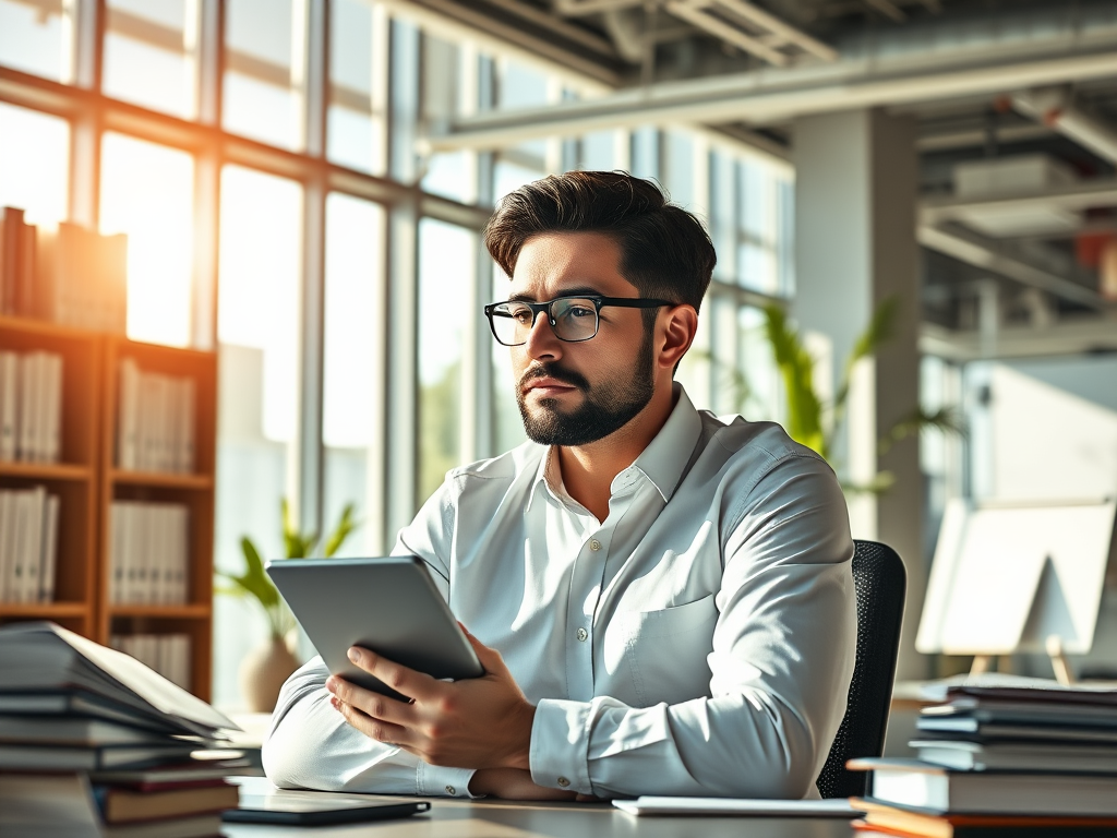 Een geconcentreerde CEO in een moderne kantooromgeving.