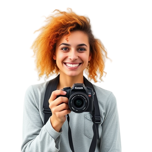 Een lachende persoon met een camera op een witte achtergrond.