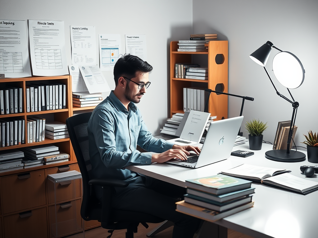Een drukke ondernemer werkt geconcentreerd aan een laptop.
