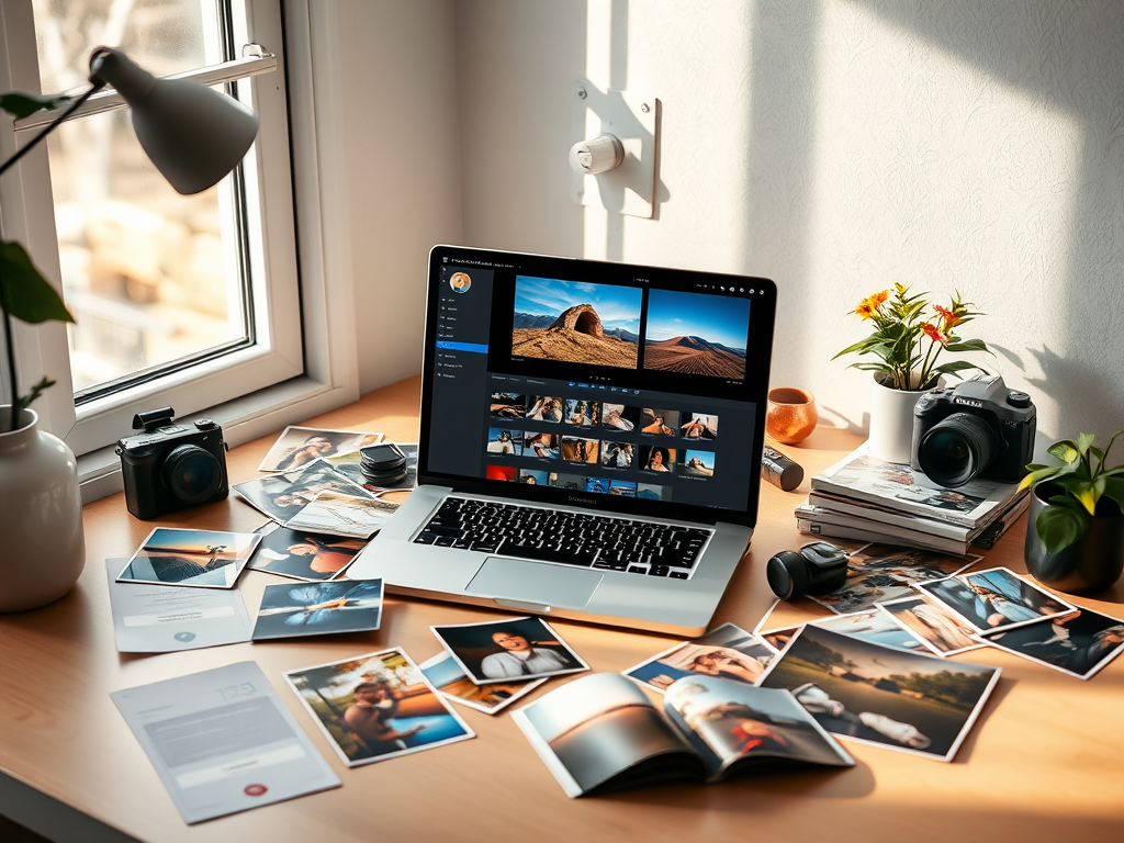 Een rustige fotografiewerkplek met laptop en foto's.