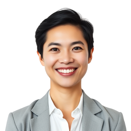 Een persoon die naar de camera glimlacht met een witte achtergrond.