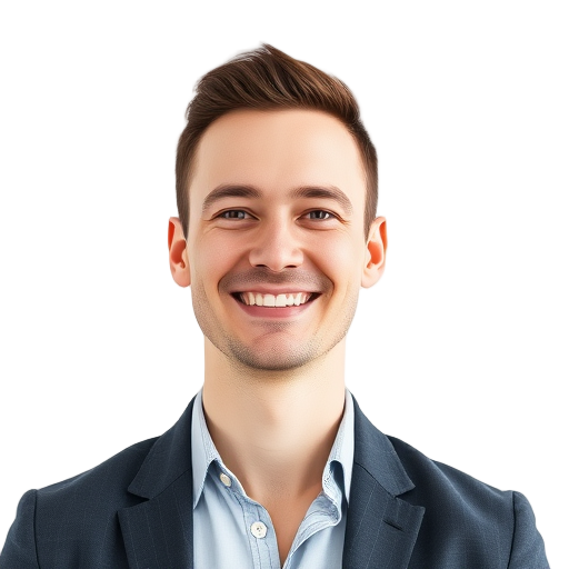 Een glimlachende persoon voor een witte achtergrond.