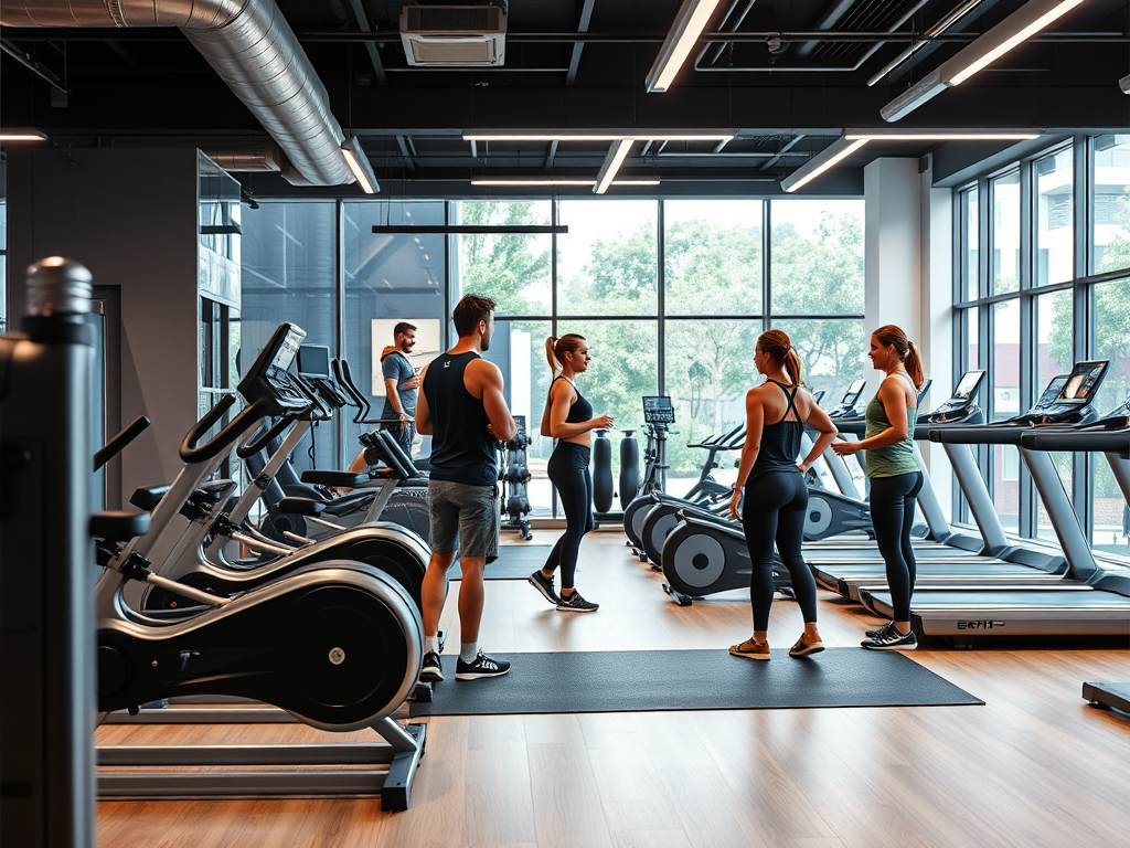 Een modern fitnessstudio met energieke trainers en apparatuur.