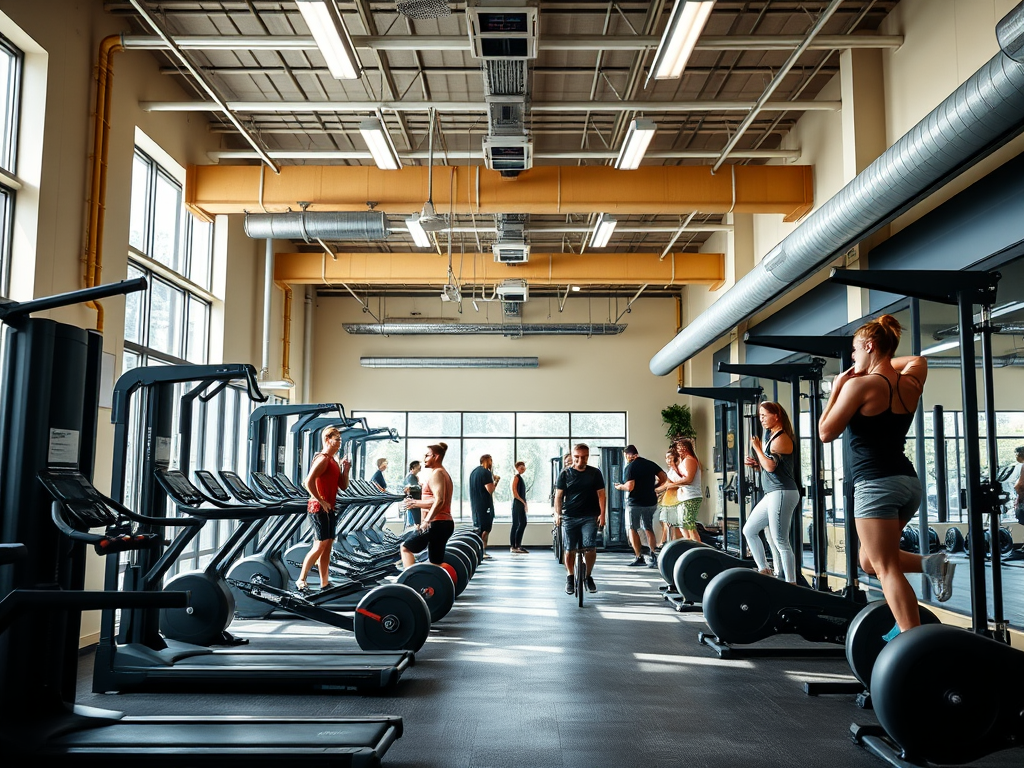 Een moderne sportschool met diverse mensen die trainen.