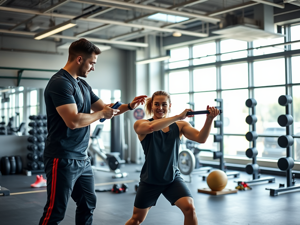 Een personal trainer begeleidt een atleet in de sportschool.