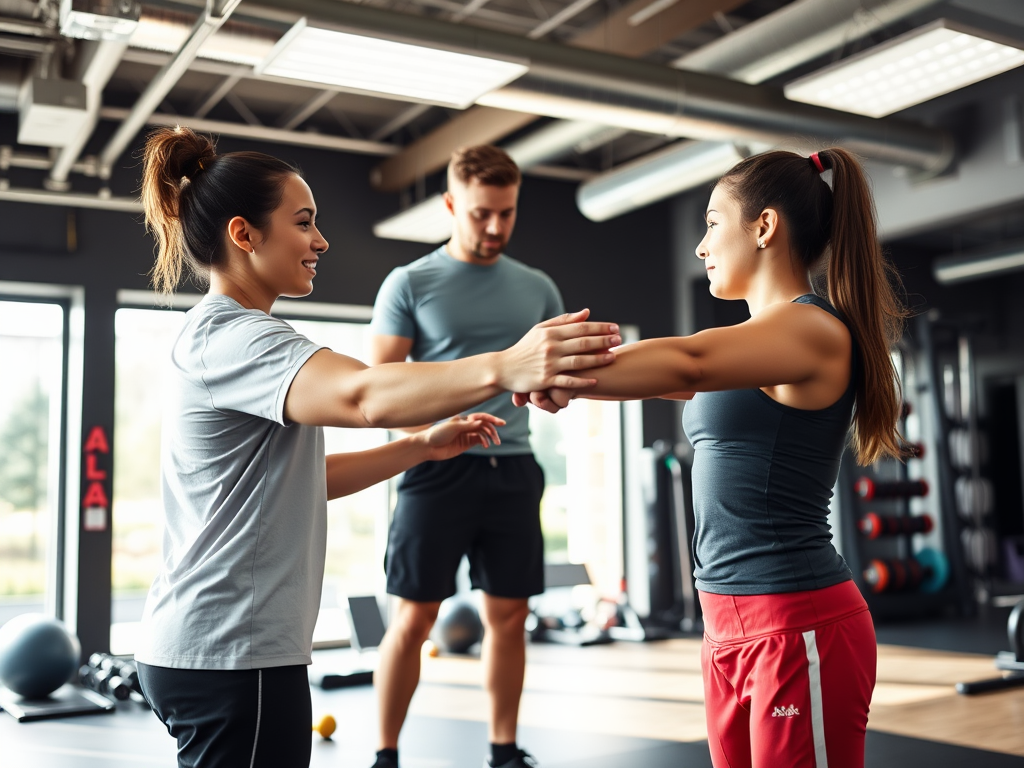 Een personal trainer helpt een atleet in de gym.