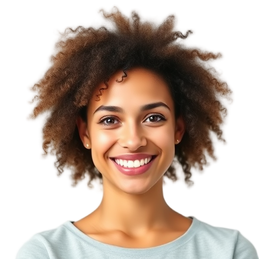 Een persoon met een grote glimlach voor een witte achtergrond.