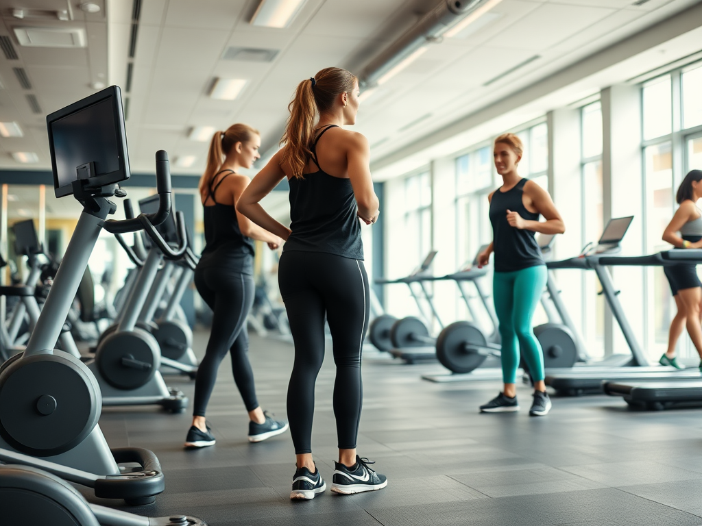 Een modern fitnessstudio met sporters en trainers.
