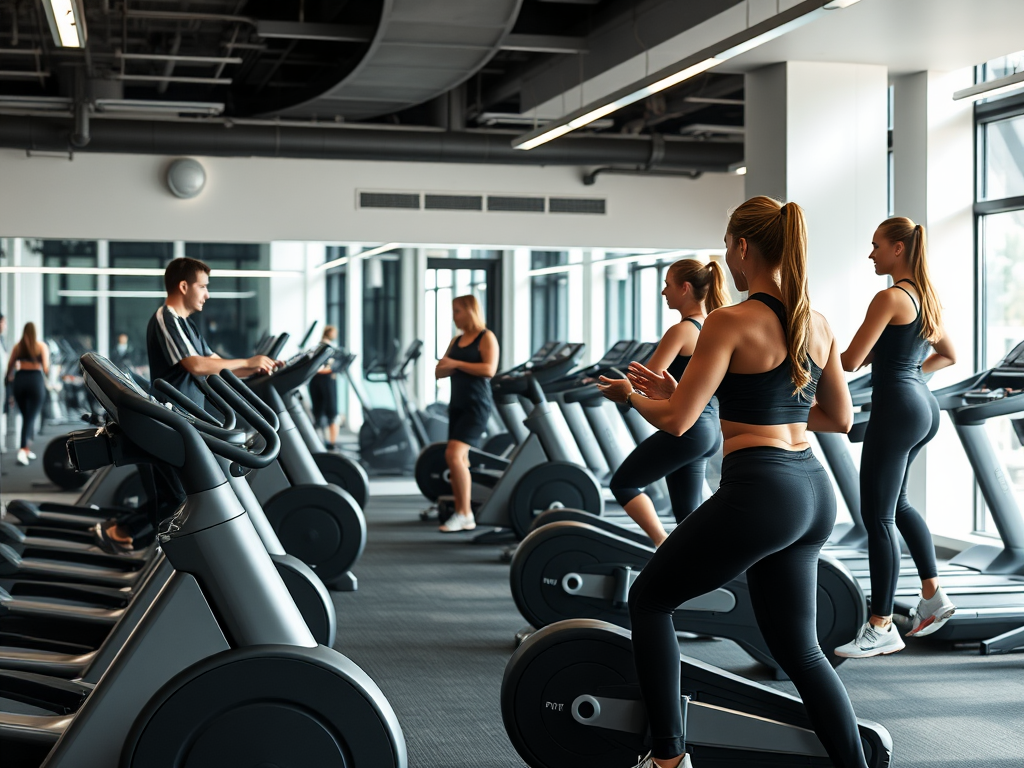 Een modern fitnessstudio met strakke apparatuur en trainers.