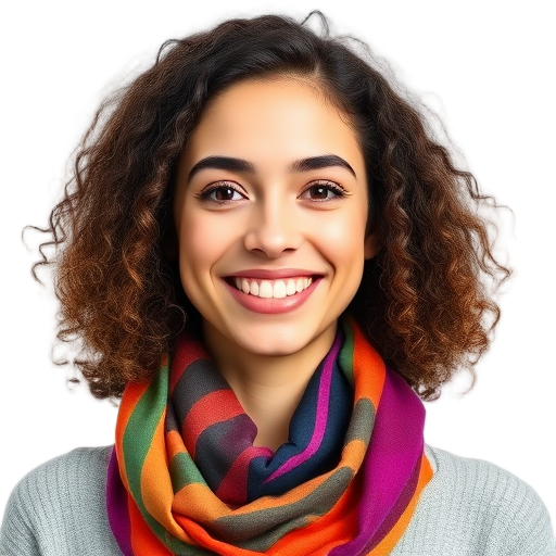 Een glimlachende persoon met een kleurrijke sjaal.