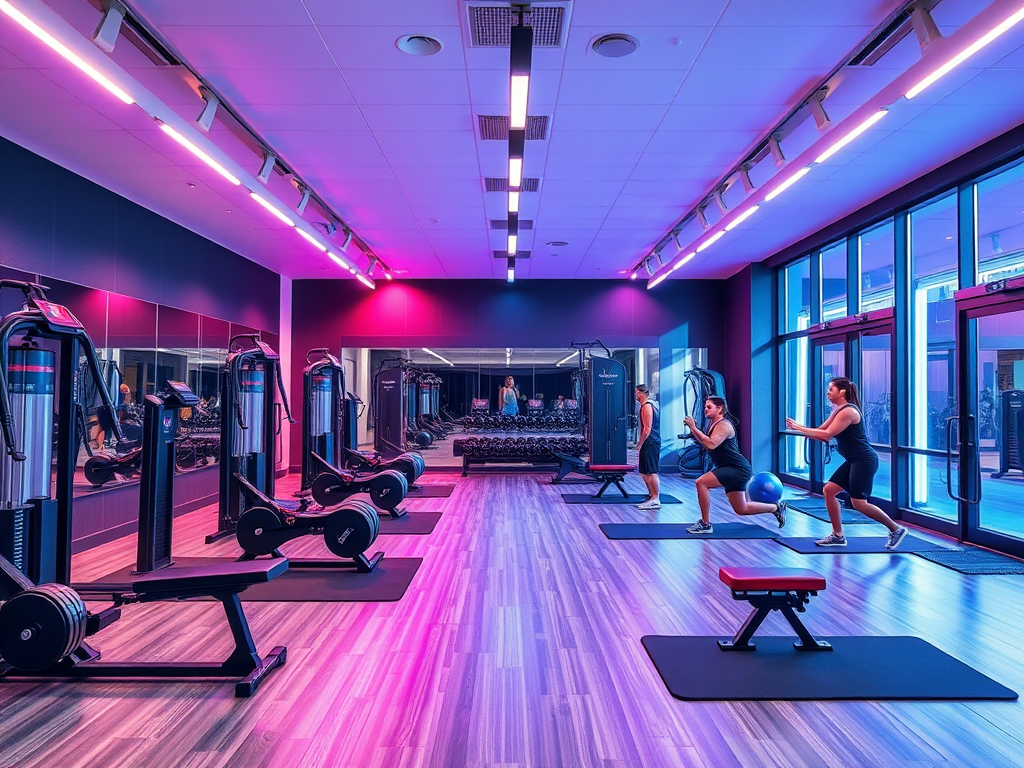 Modern sportstudio met kleurrijke verlichting en actieve atleten.
