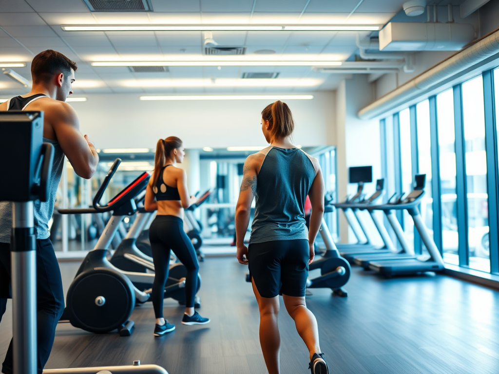 Een modern fitnessstudio met energieke trainers en apparatuur.