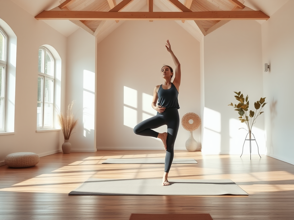 Rustige yoga studio met een vrouw in evenwichtshouding, natuurlijke lichtinval.