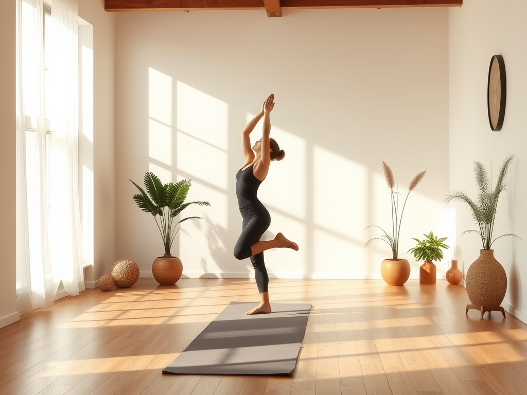 Rustige yogastudio met persoon in evenwichtige pose en natuurlijk licht