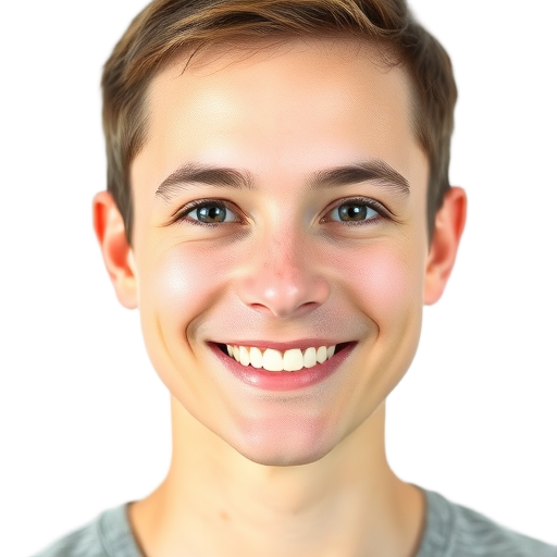 Een lachende jongeman op een witte achtergrond.