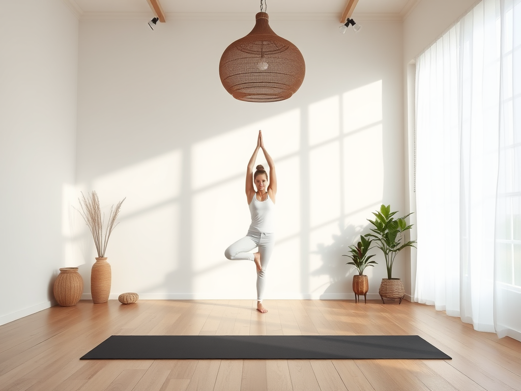 Rustige yoga studio met persoon in boomhouding, natuurlijk licht.