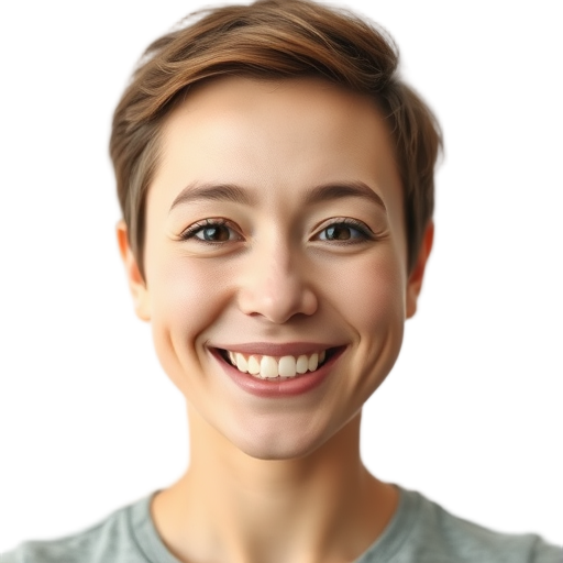 Vrolijke vrouw met een witte achtergrond, lachend naar de camera.