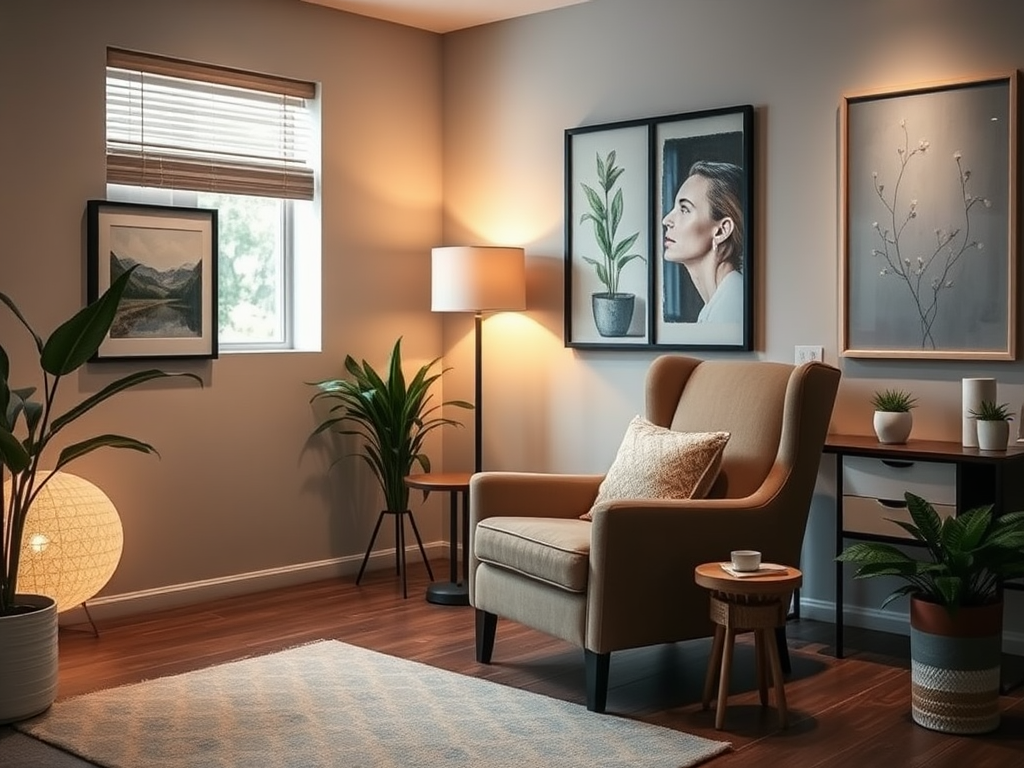 Een serene therapiekantoor met een comfortabele stoel en zachte verlichting.