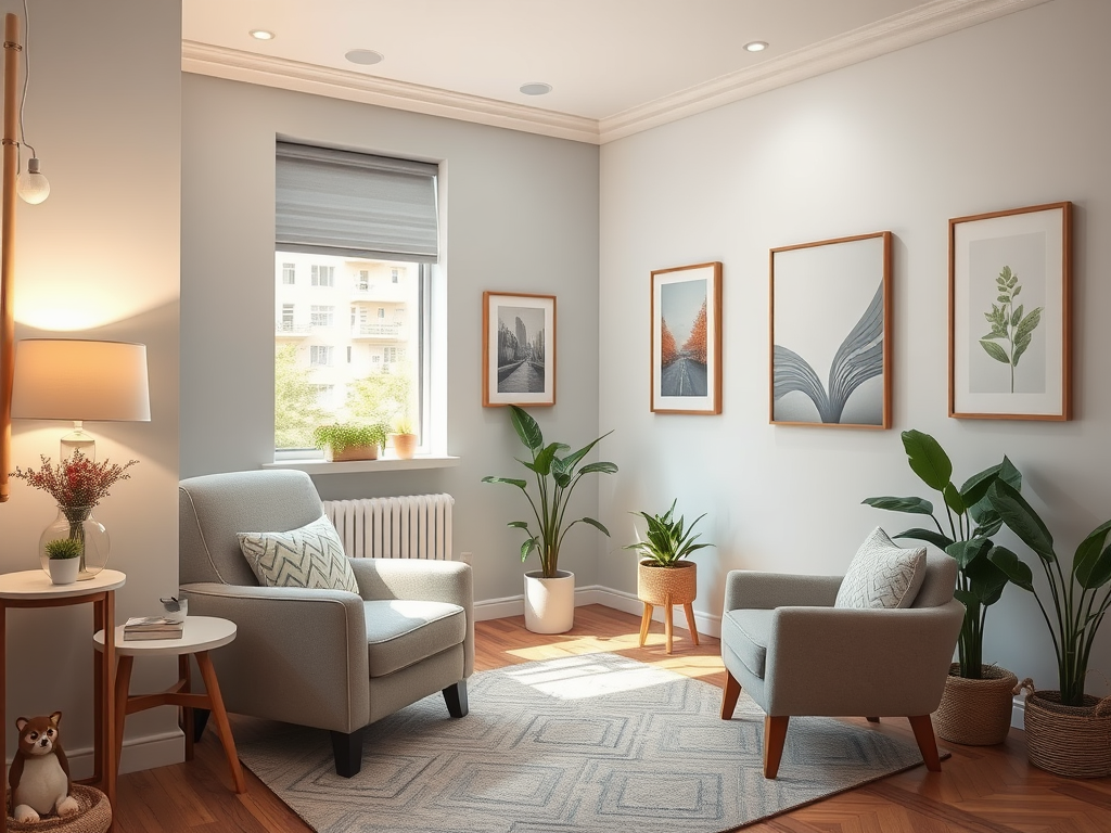 Een serene therapiekamer met comfortabele stoelen en zachte verlichting.