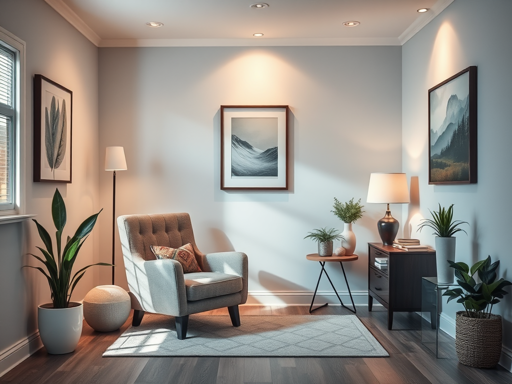 Een serene therapiekamer met een gezellige fauteuil en zachte verlichting.