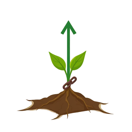 Een groene plant met wortels en een opwaartse pijl.