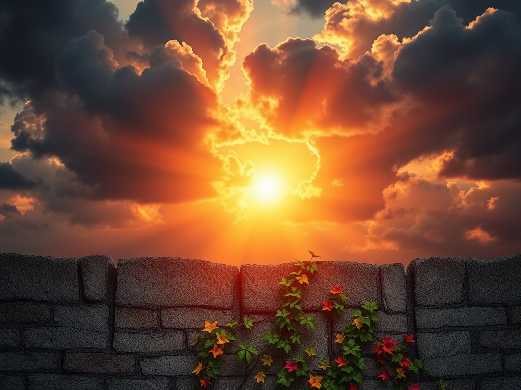 Een zonsondergang achter donkere wolken, met een stenen muur en kleurrijke klimop.