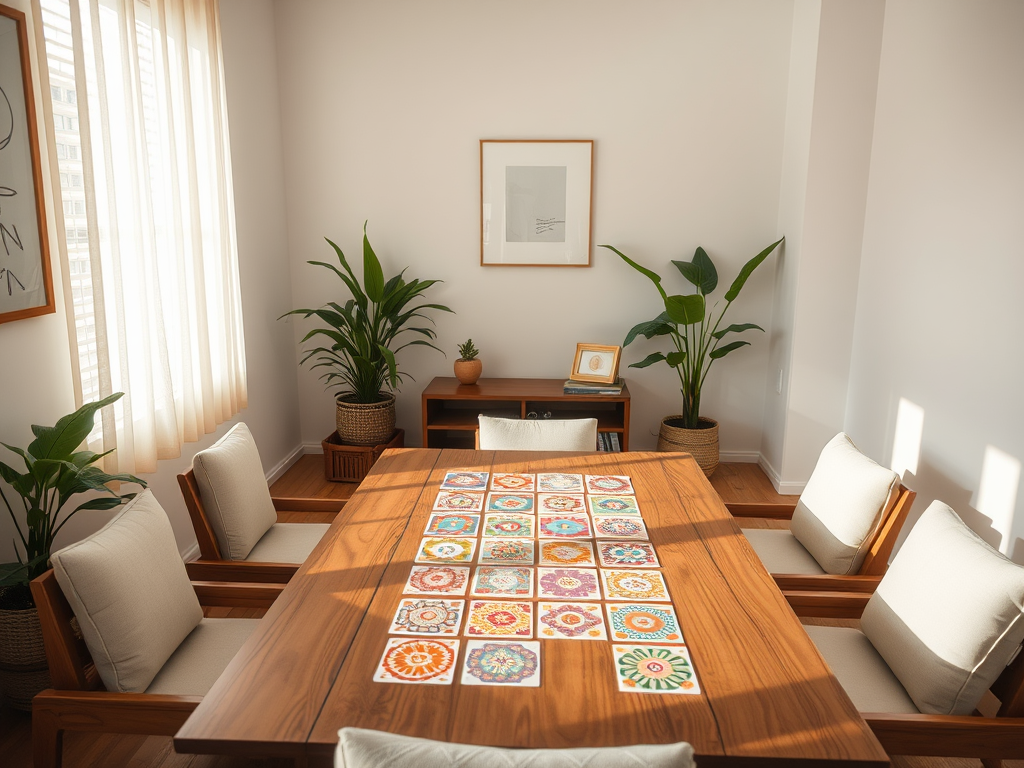 Een rustige therapieruimte met kleurrijke kaarten op een tafel.