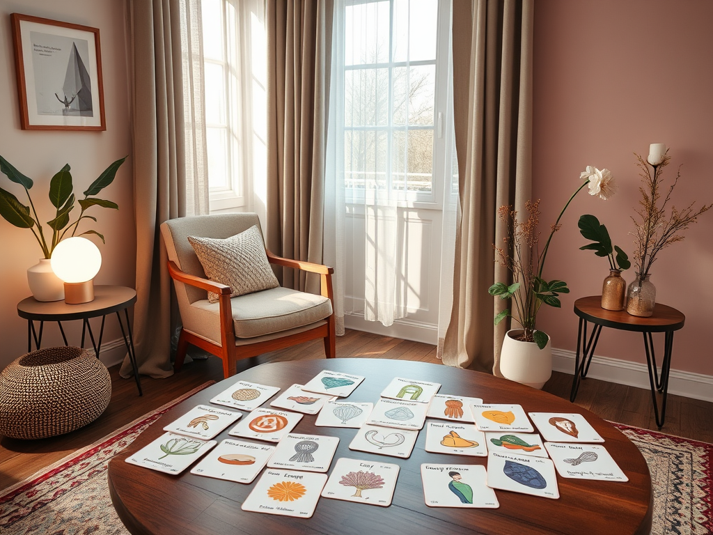Een rustige therapiekamer met een comfortabele stoel en schema kaarten.