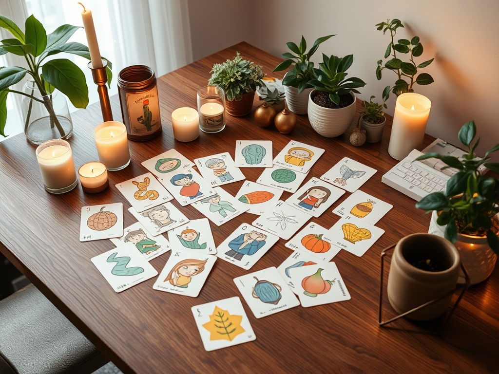 Een rustige werkplek met kleurrijke kaarten op een houten tafel.