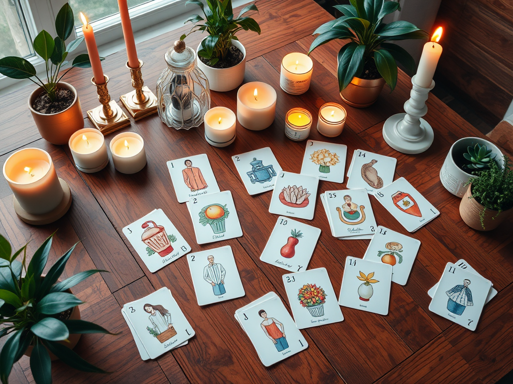 Een rustige werkplek met kleurrijke kaarten op een houten tafel.