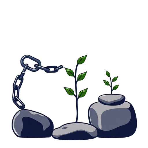Gebroken ketting met groeiende planten en stenen.