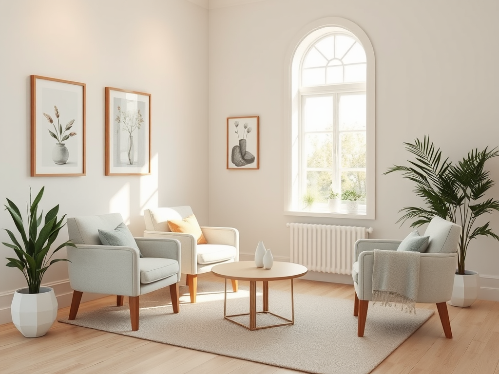 Een serene therapiekamer met comfortabele stoelen en kunst.