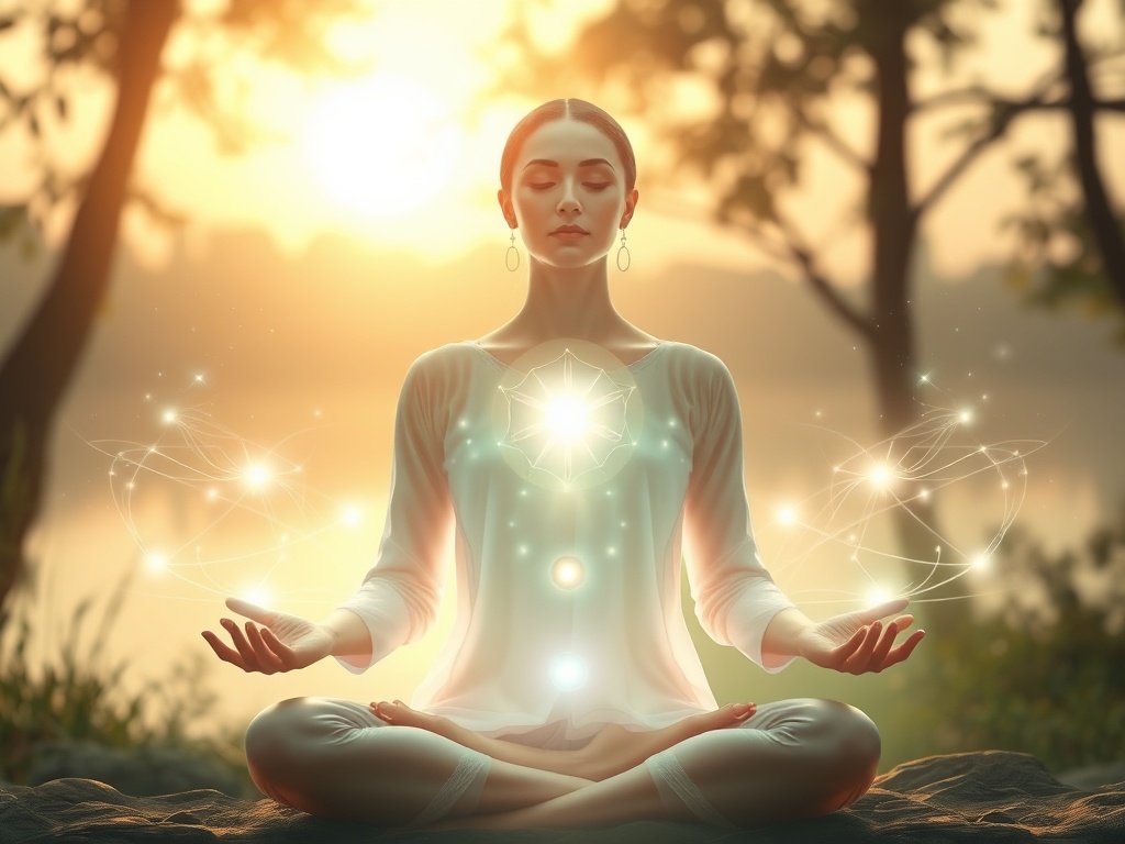 A serene healer meditating with glowing hands, ethereal energy flows connecting to a distant silhouette, soft light enveloping peaceful nature backdrop, calm and harmony.