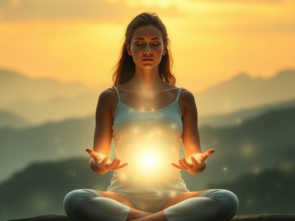 A serene healer meditating with glowing hands, ethereal energy flows connecting to a distant silhouette, soft light enveloping peaceful nature backdrop, calm and harmony.