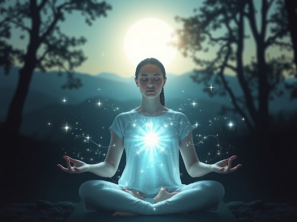 A serene healer meditating with glowing hands, ethereal energy flows connecting to a distant silhouette, soft light enveloping peaceful nature backdrop, calm and harmony.