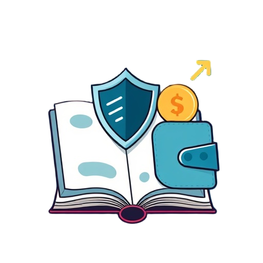 Carefully describe an image in great detail that needs to be generate, use quotes to split visual things. "open book" "shield" "coin wallet" "up arrow"