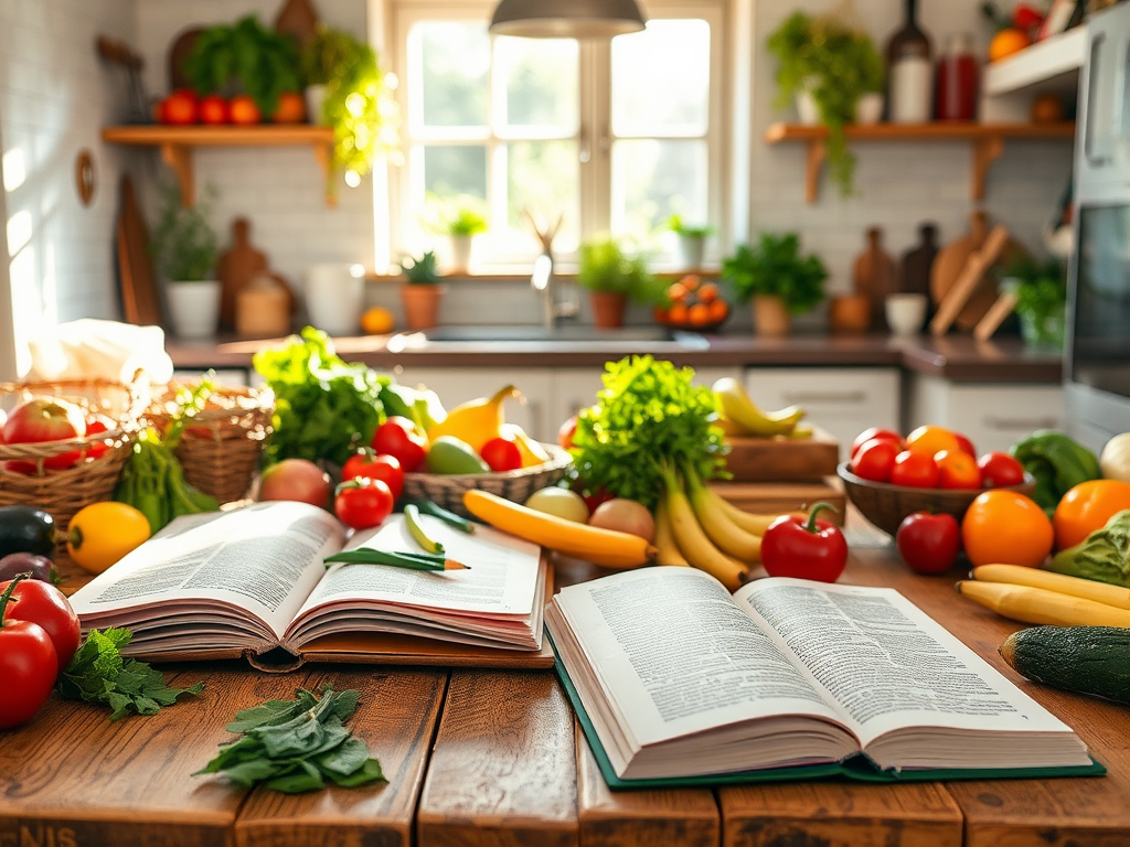 Kleurige keuken met verse ingrediënten en kookboeken.