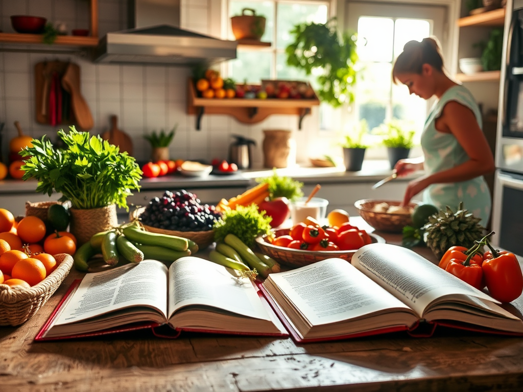 Een levendige keuken met kleurrijke ingrediënten en kookboeken.