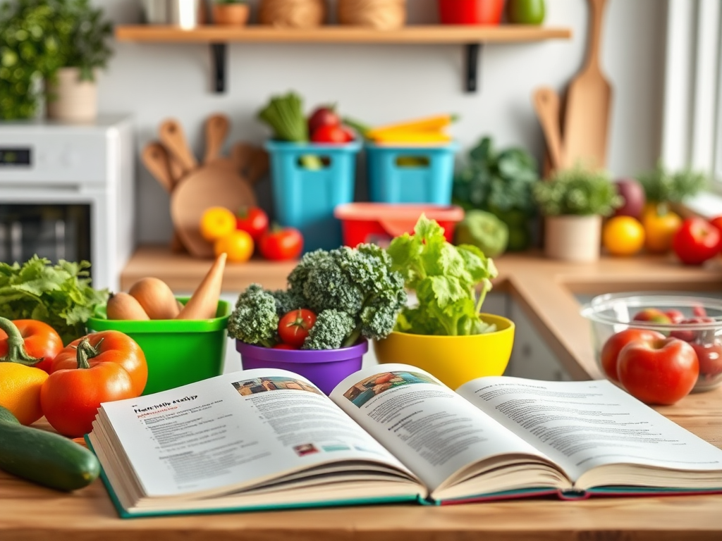 Een levendige keuken met verse groenten, fruit en een kookboek.