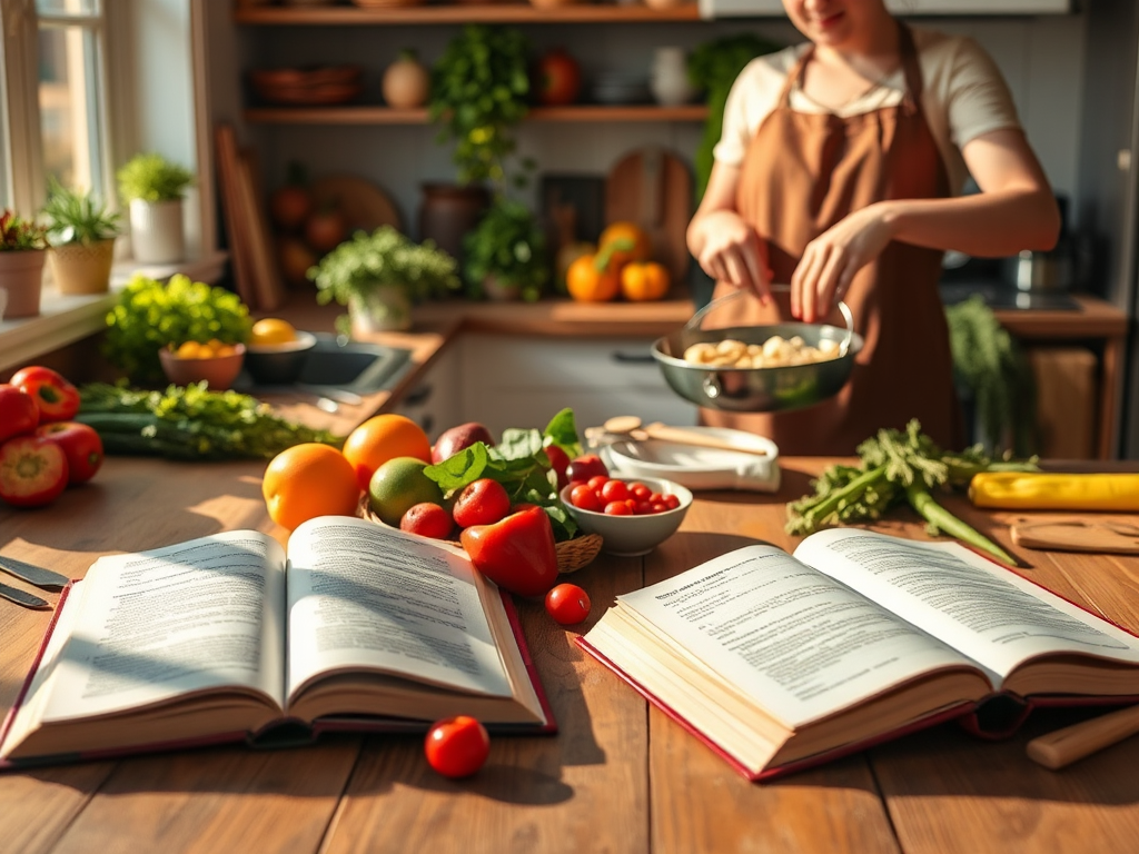 Een levendige keuken met verse ingrediënten en kookboeken.