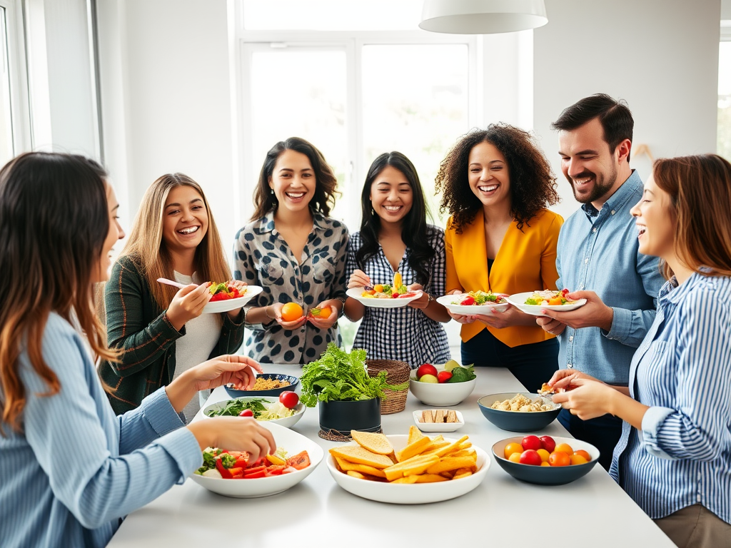 "diverse office team" "sharing colorful healthy meals" "fresh vegetables, fruits, balanced dishes" "bright modern kitchen setting" "laughter and energy" "natural light streaming in"