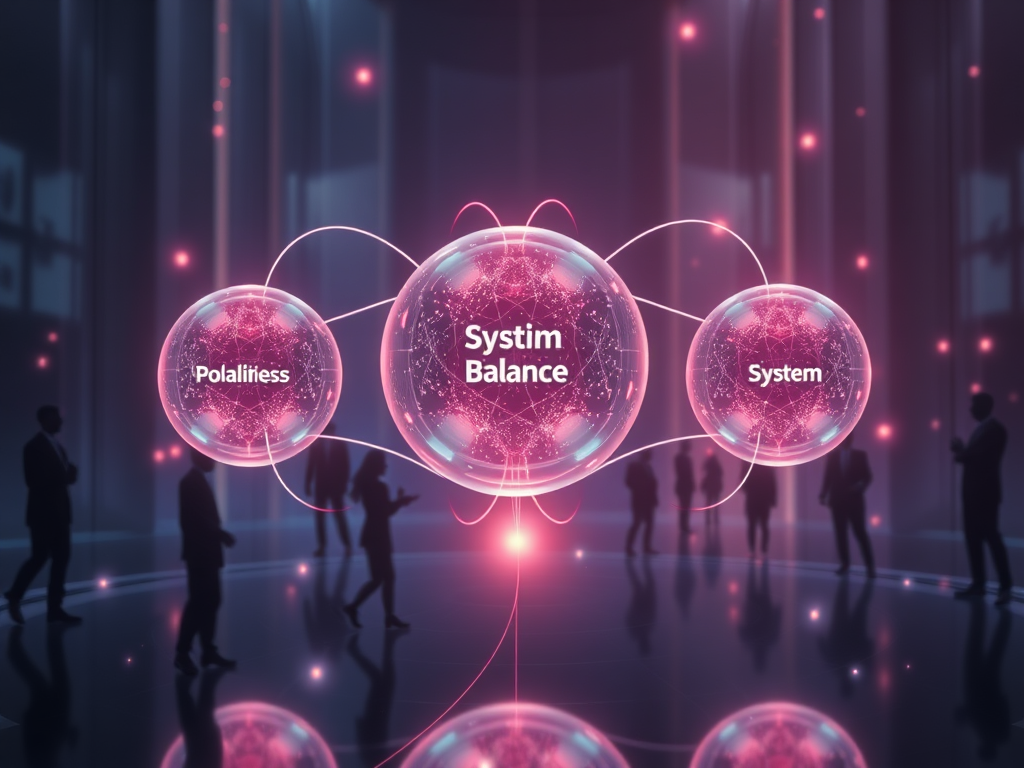 "three interconnected glowing spheres labeled conceptually as polarities, balance, system" "dynamic flow of energy connecting them" "abstract human silhouettes collaborating" "futuristic corporate environment" "soft glowing light, harmonious colors"