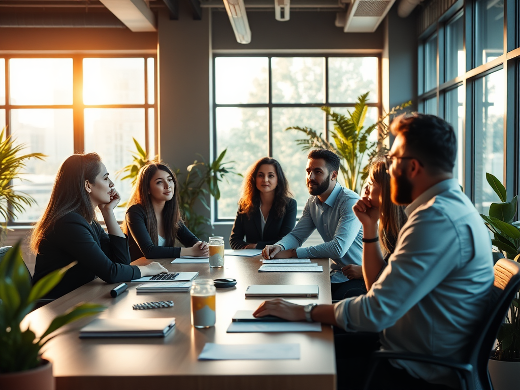 A serene modern office space with diverse professionals deeply engaged in thoughtful discussion, warm natural light streaming through large windows, subtle greenery.